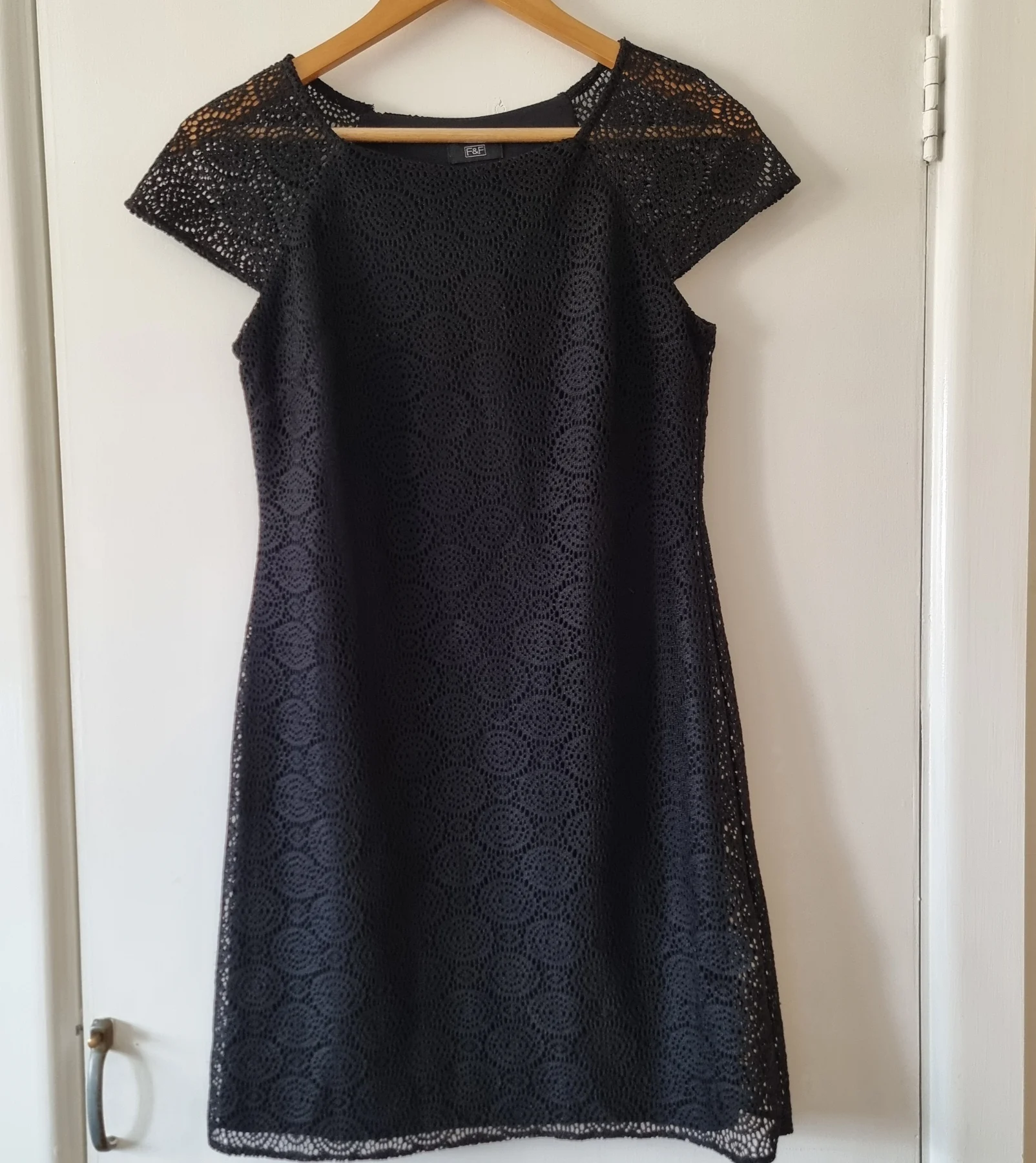 F&F Black Lace Dress Size 6 Whimsigoth Goth Grunge Shift Mini Dress Cap Sleeve