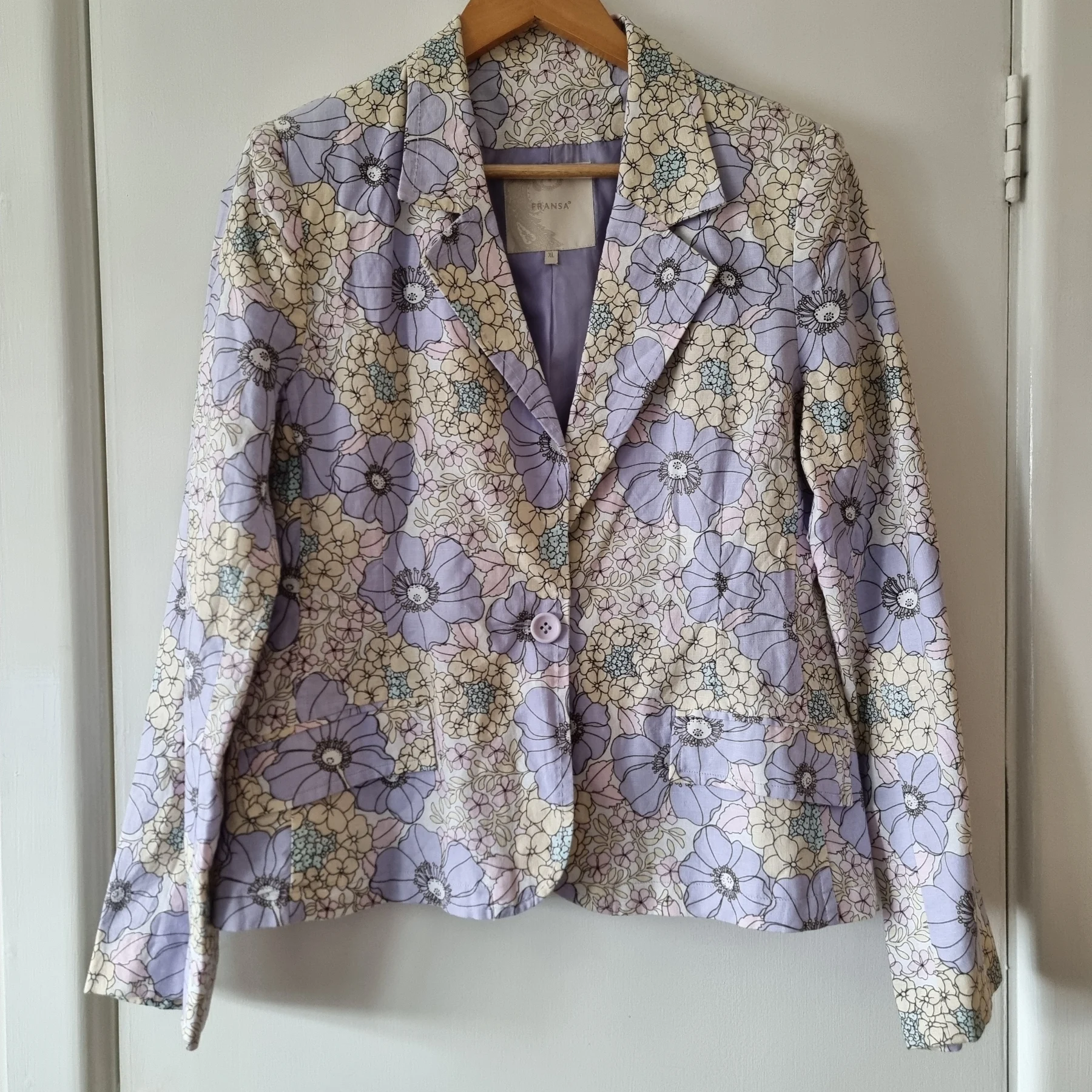 Fransa Pastel Floral Blazer Jacket 16 | Lilac Purple & Cream Retro 70s Boho