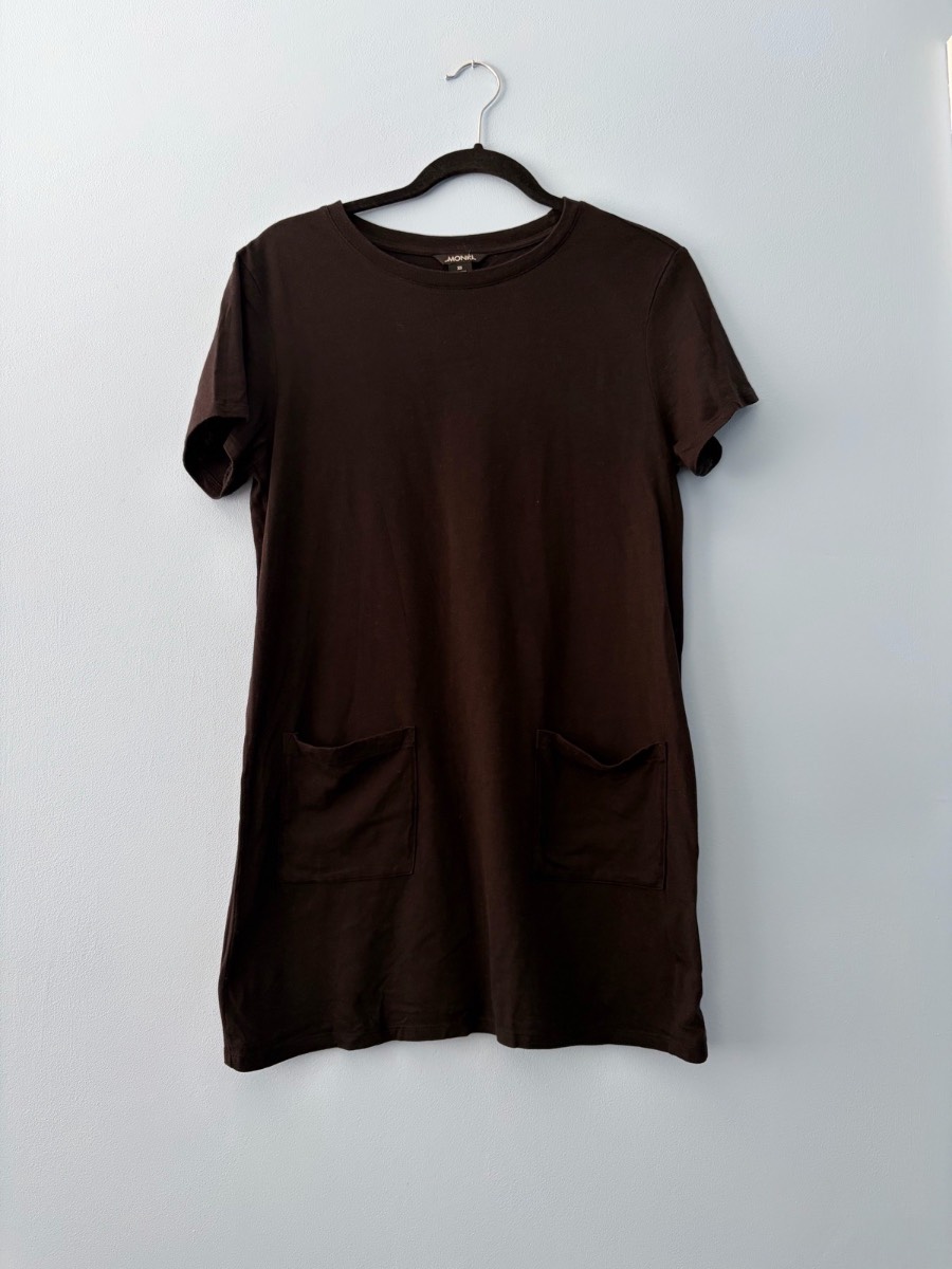 Monki size XS dress black women short sleeve t-shirt front top mini simple pockets