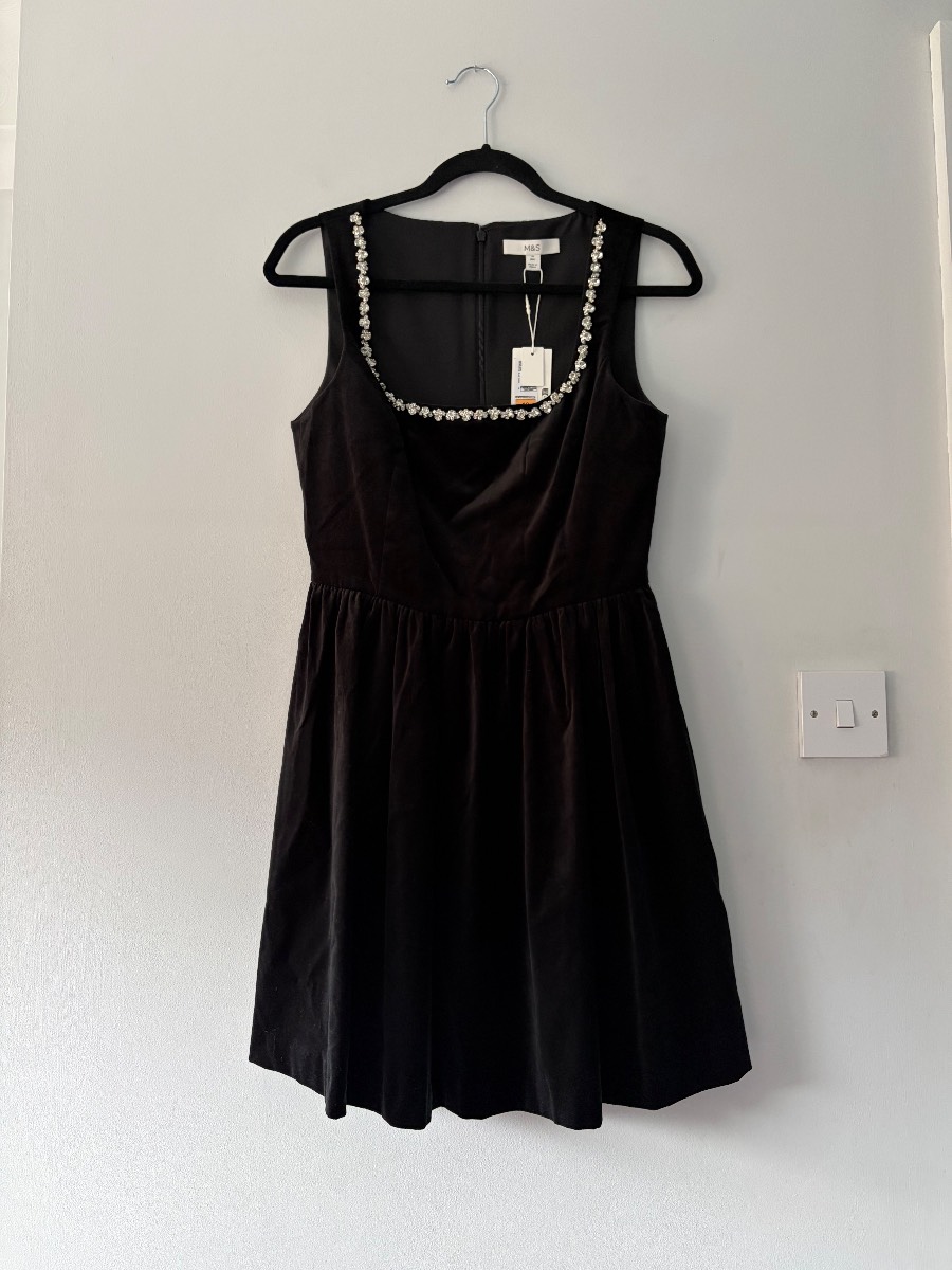 M&S Marks and Spencer cotton rich velvet embellished mini skater dress size UK 10 new tag RRP £ 60