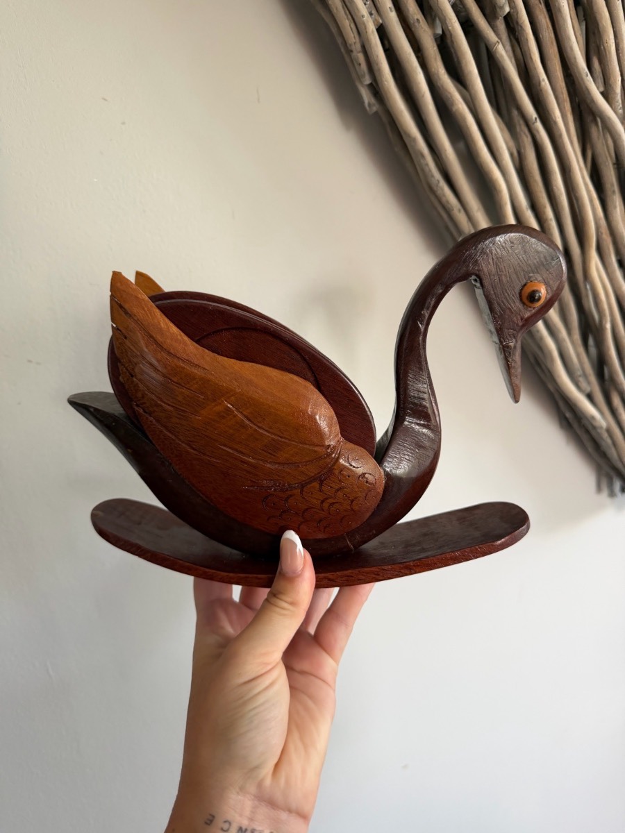 Wooden vintage swan coaster set - kitsch Cottagecore