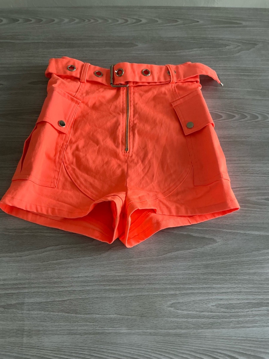 Oh Polly Neon Coral Cargo Shorts UK 4 High Waist Belted Festival Y2K