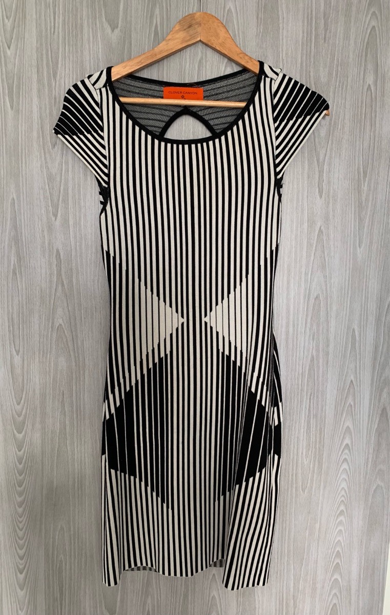 Clover Canyon Striped Bodycon Dress Small Black Cream Cut Out Stretch Midi
