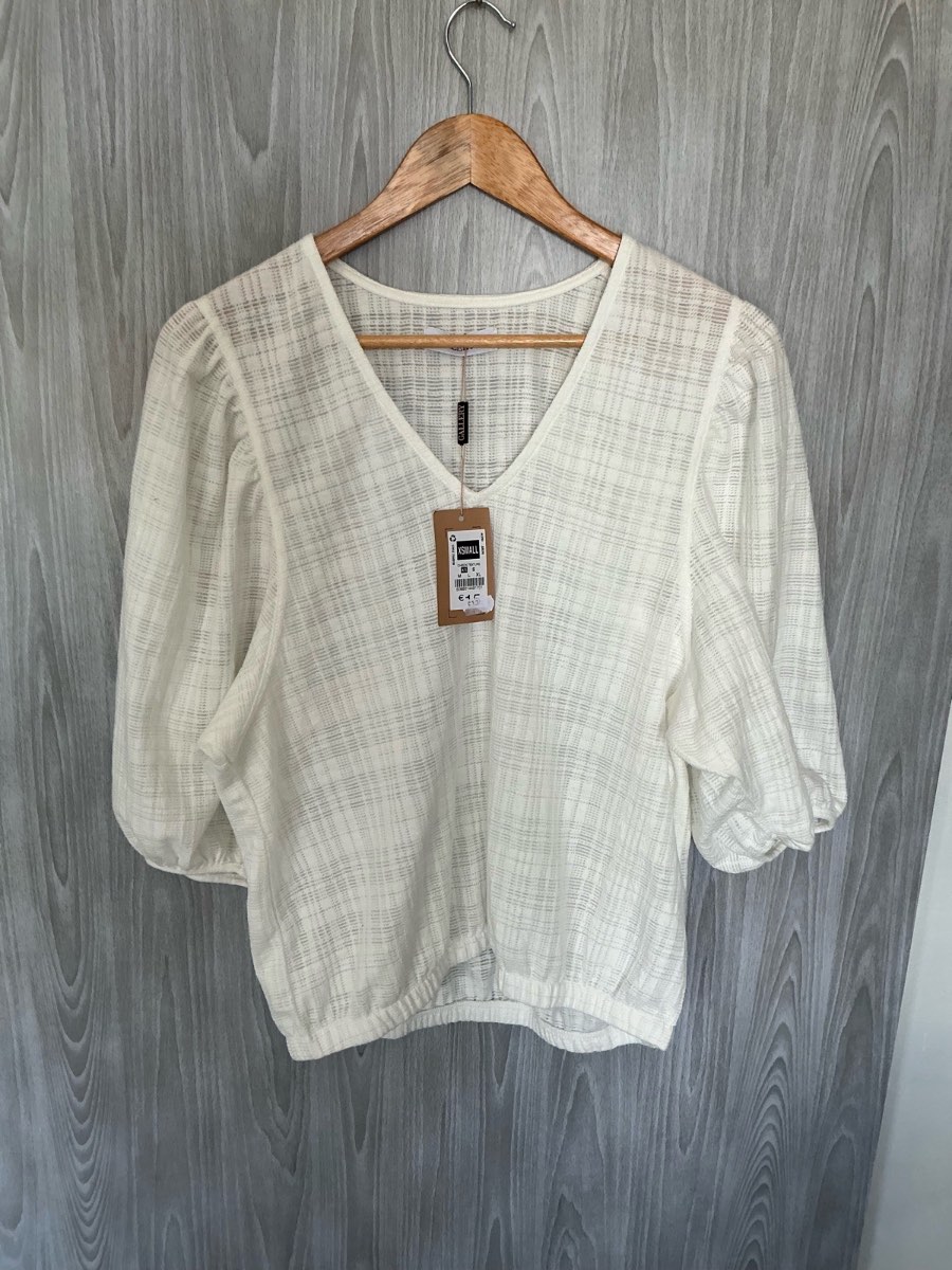 BNWT Gallery Ivory Textured Check Blouse XS Puff Sleeve Cottagecore Boho Top