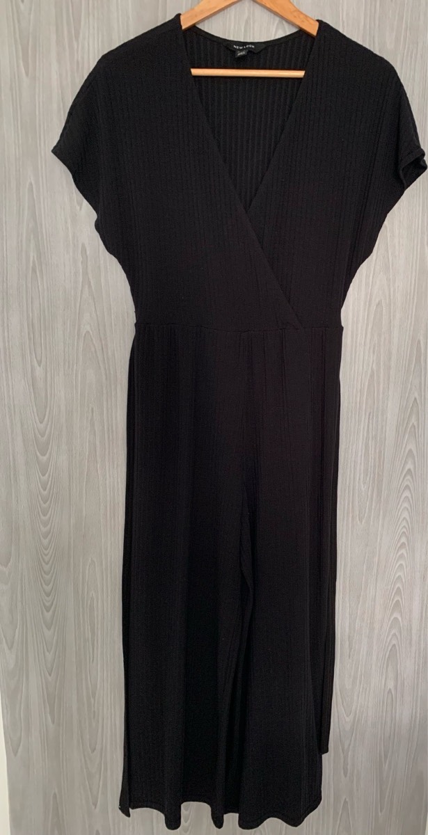 New Look Black Ribbed Wrap Jumpsuit UK 10 Wide Leg Tie Waist Stretch Casual