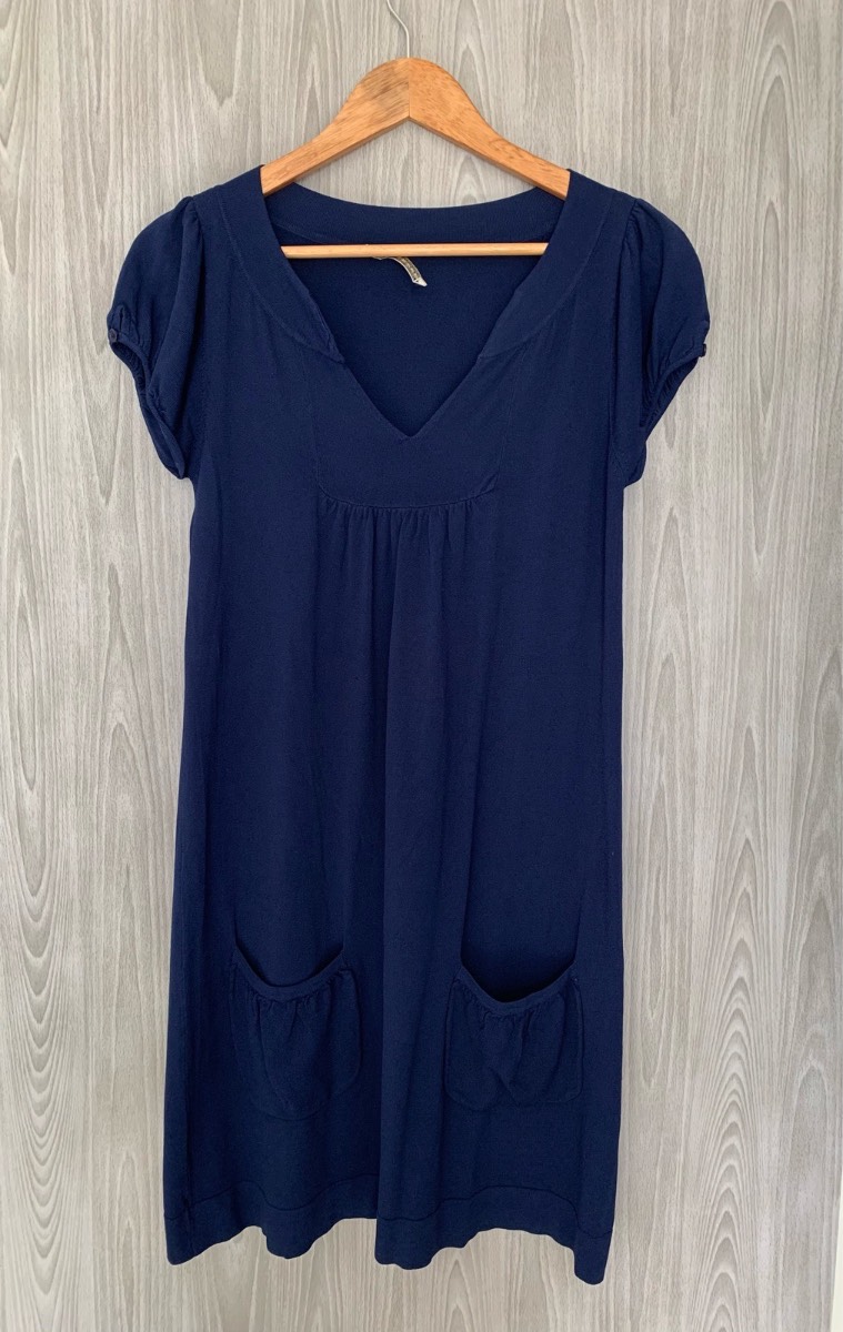 Donna Lane Navy Tunic Dress V Neck Puff Sleeve Pockets Smart Casual no size approx size 8/10