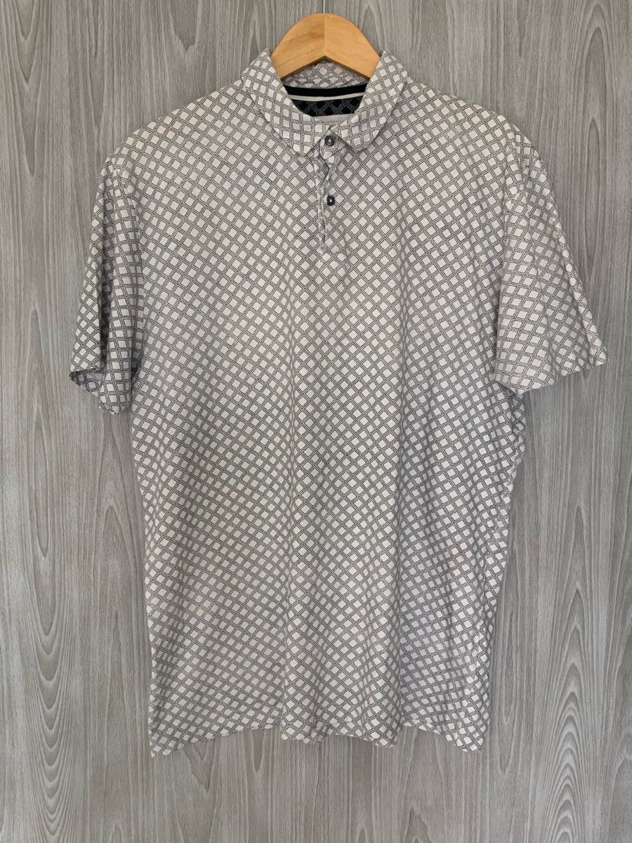 Next Geometric Print Polo Shirt Large Grey White Cotton Smart Casual Golf