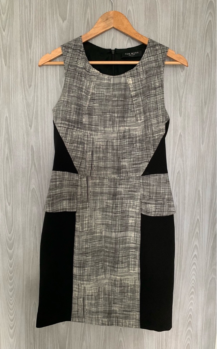 Few Moda Peplum Pencil Dress Small Black Ivory Abstract Print Office Smart