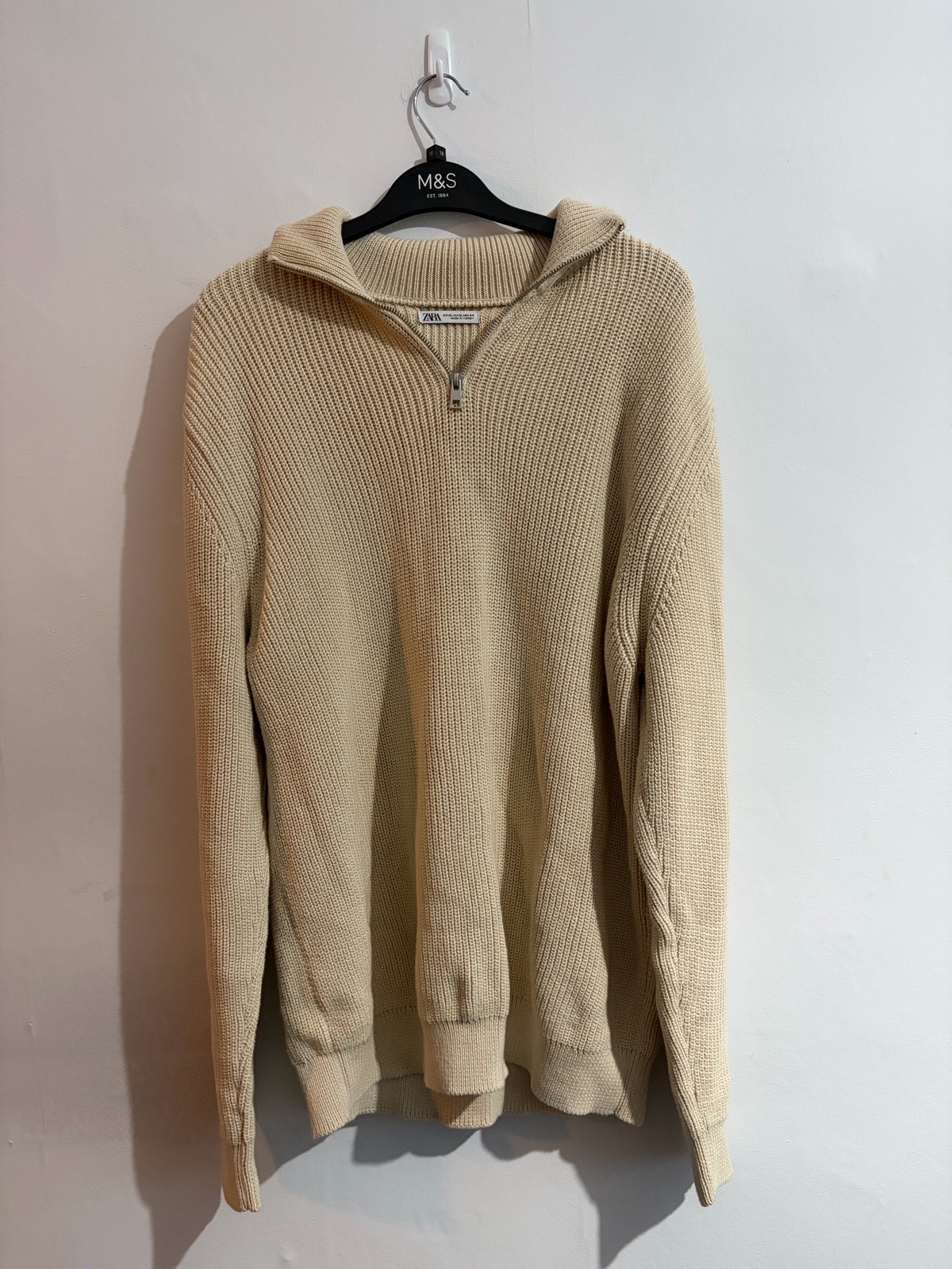 Zara Men’s Quarter Zip Knitted Cream Jumper Size XL