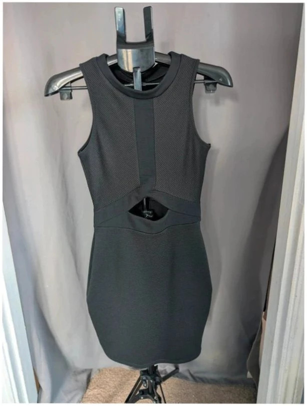 River Island Black Cut Out Dress UK 10 Whimsigoth Ribbed Bodycon Mini