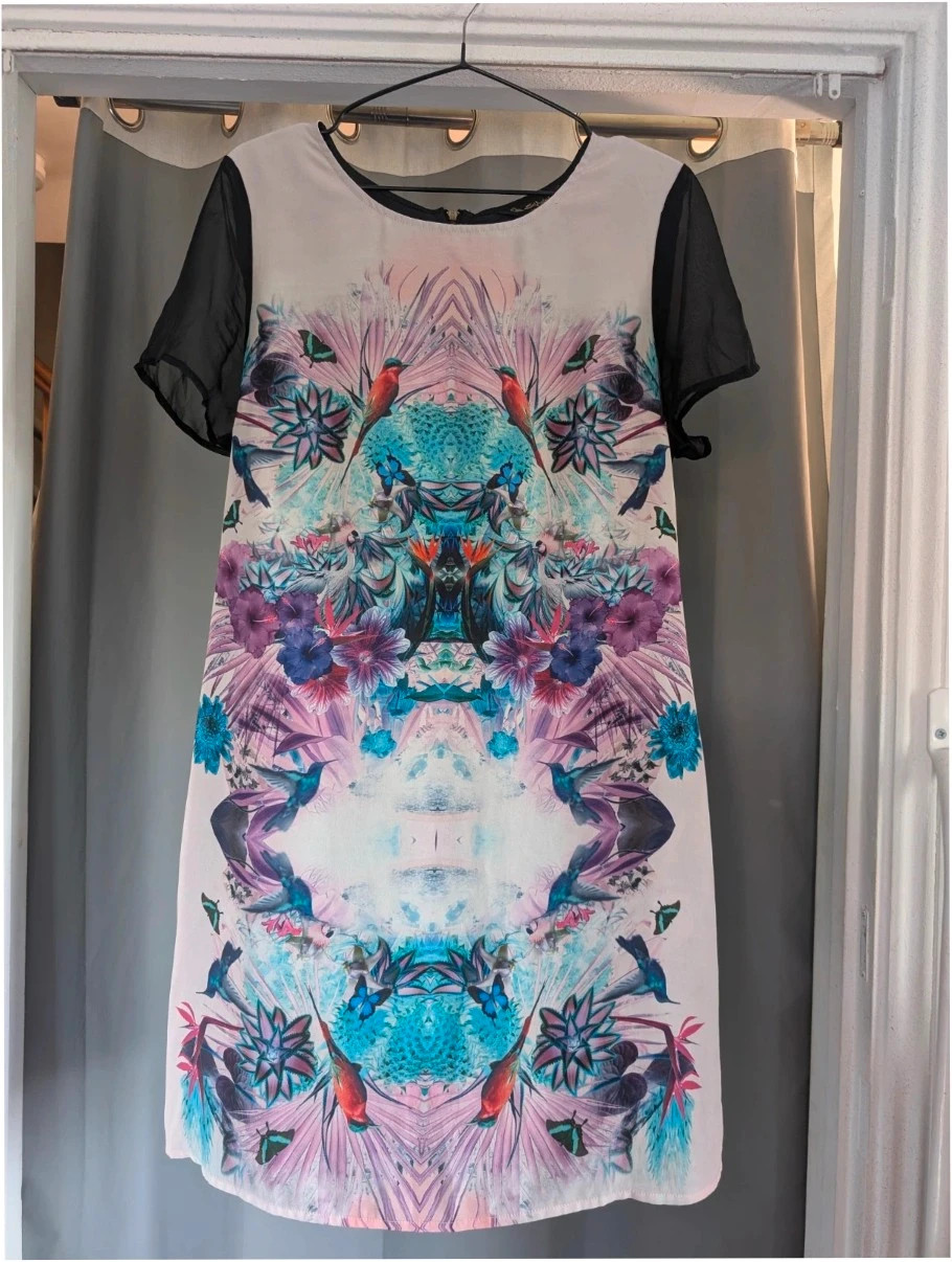 Miss Selfridge Tropical Bird Print Sheer Sleeve Dress Size UK 16