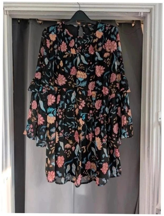 New Look Black Floral Bell Sleeve Smock Dress UK 10 Whimsigoth Gothic