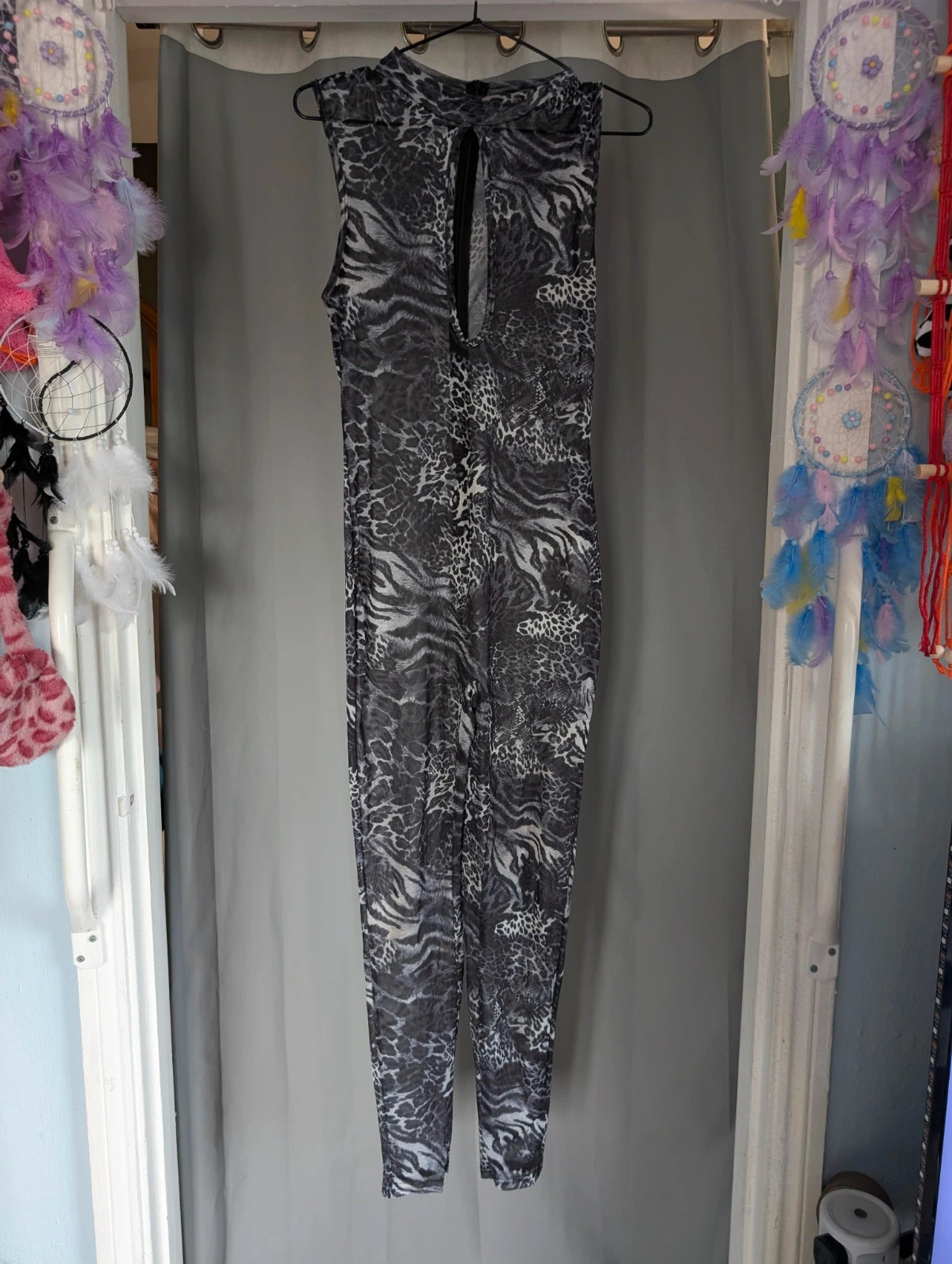 SHEIN Grey Animal Print Sheer Mesh Cutout Catsuit Jumpsuit Size S UK 8 10