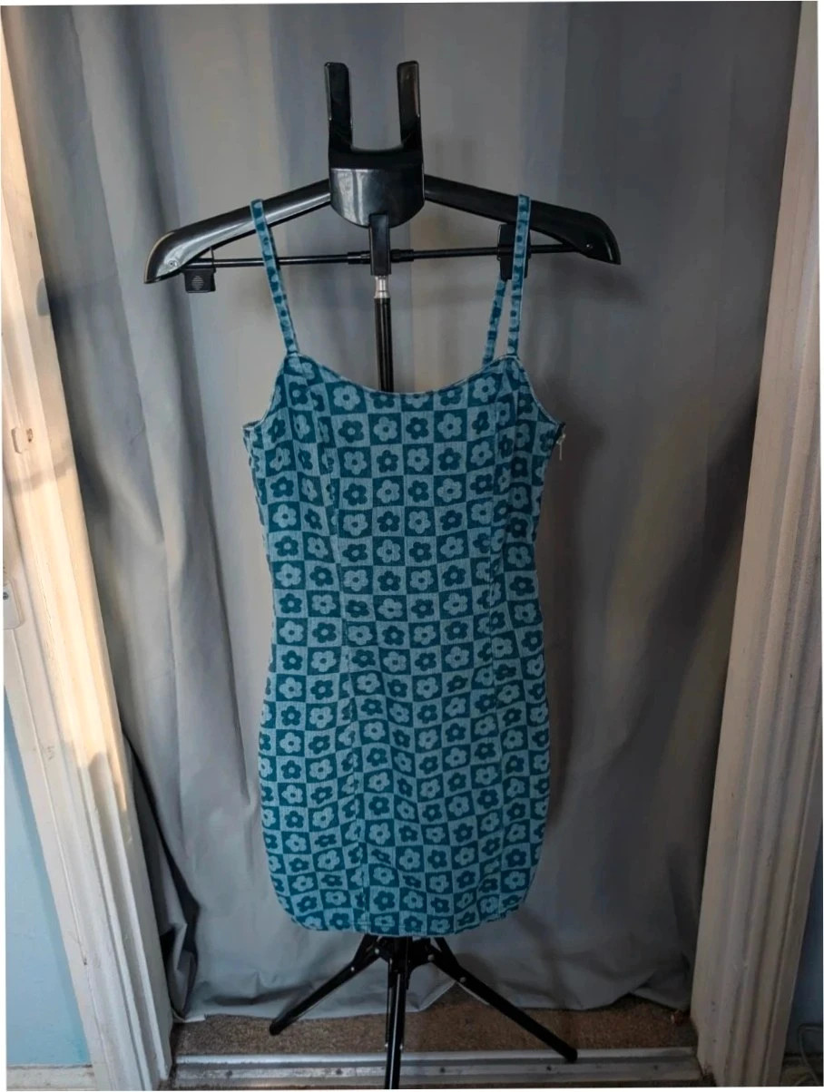 H&M Blue Floral Checkered Denim Cami Mini Dress UK 8 S