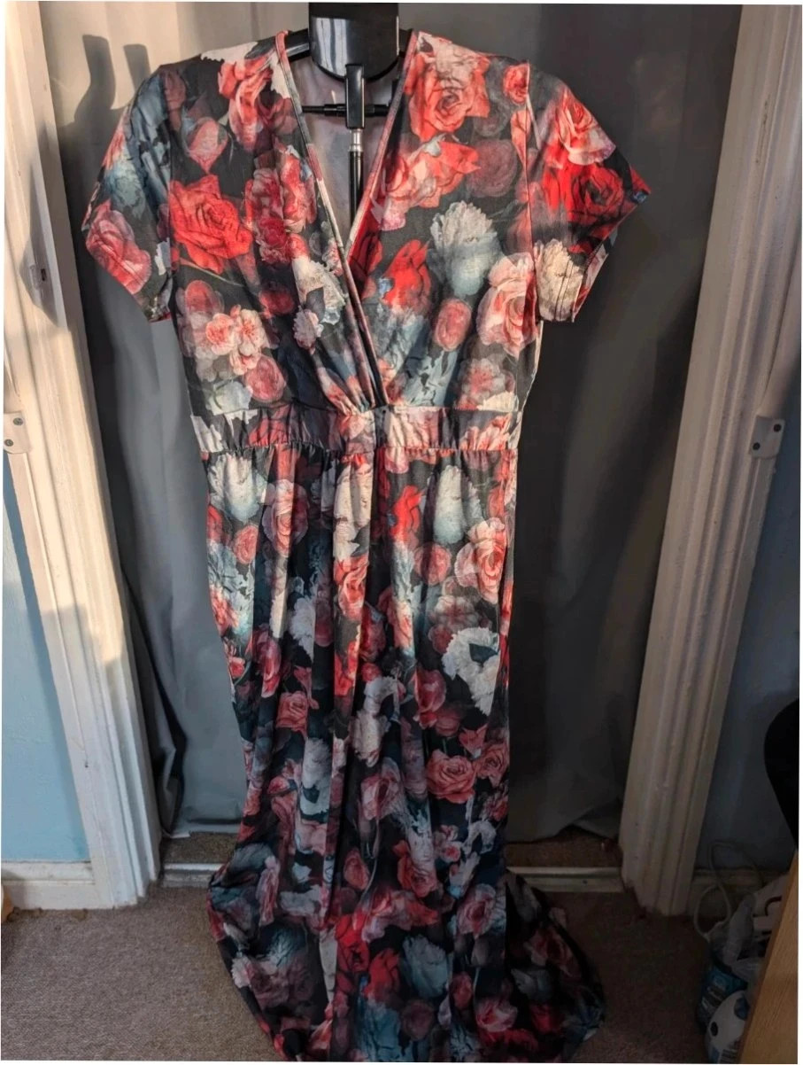 HotSquash London Floral Rose Print V Neck Short Sleeve Maxi Dress M L