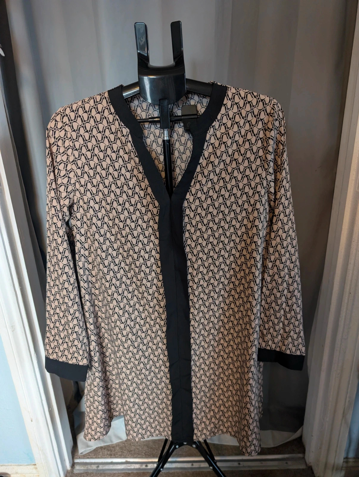 If Yoou Beige Black Geometric Print Split Neck Tunic Dress Large L 12 14