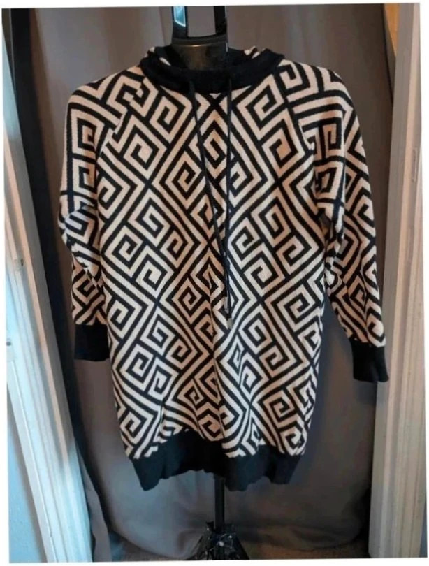 Moewy Black Cream Geometric Knit Hooded Jumper Dress One Size Womens Slouchy