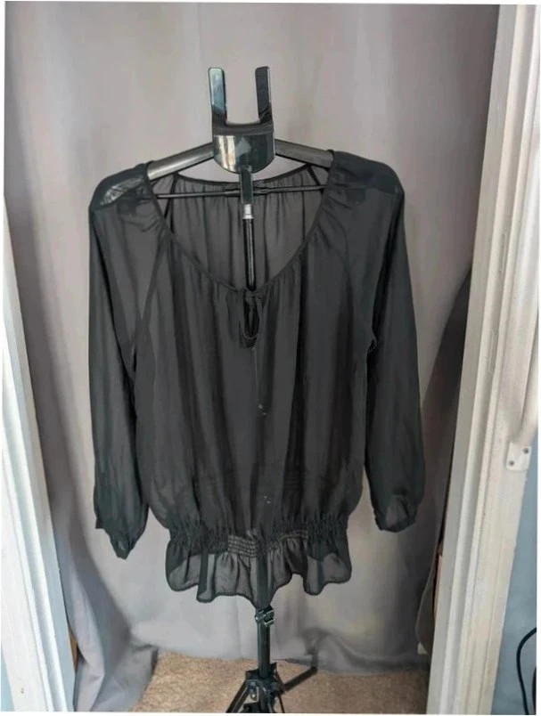 Next Black Sheer Tie Neck Ruffle Hem Blouse Long Sleeve M 12 14