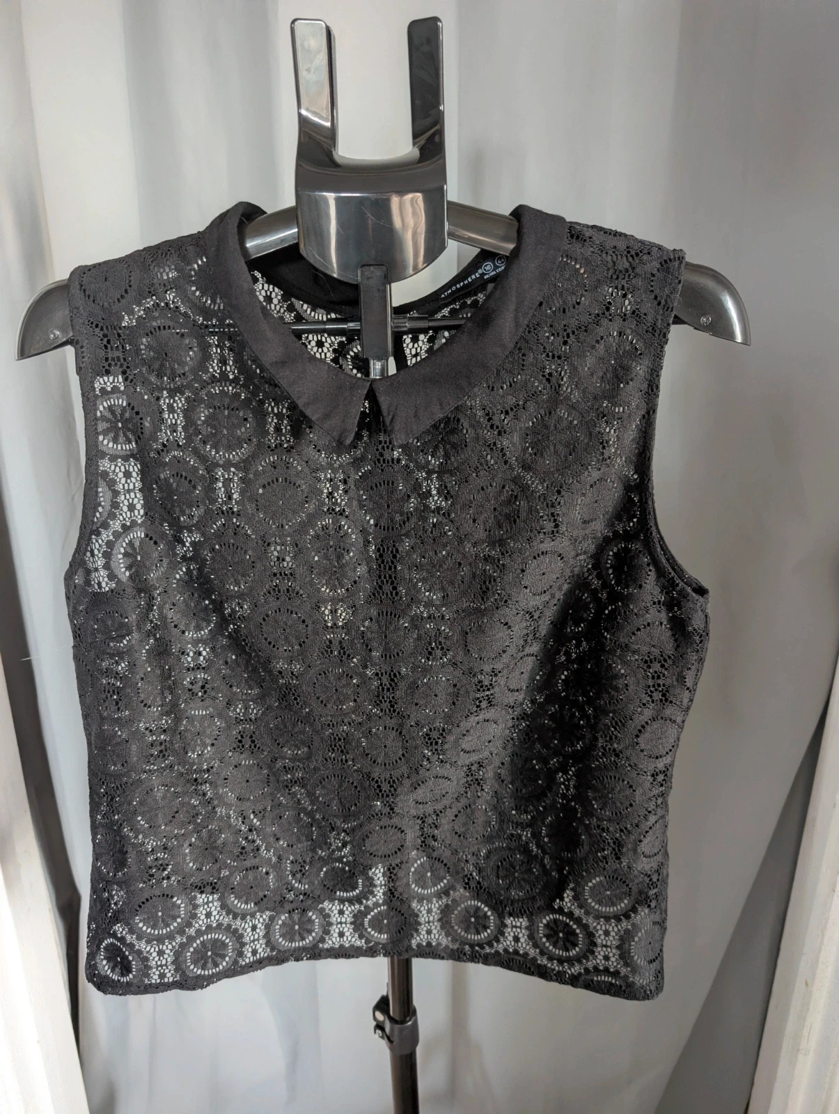 Atmosphere Black Sheer Lace Peter Pan Collar Sleeveless Top UK 16 EU 44 Dark Academia