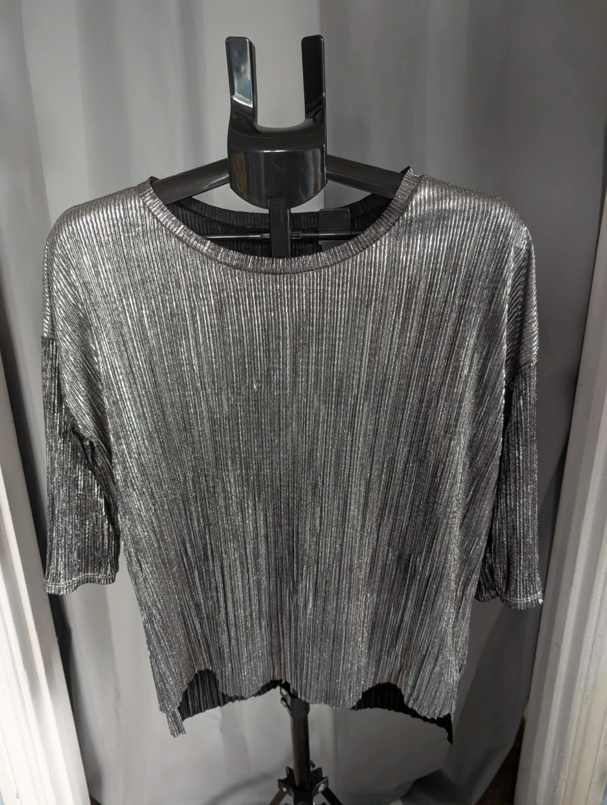 Bershka Metallic Silver Plissé Pleated Tunic Top Medium M 10 12 Cyber Y2K