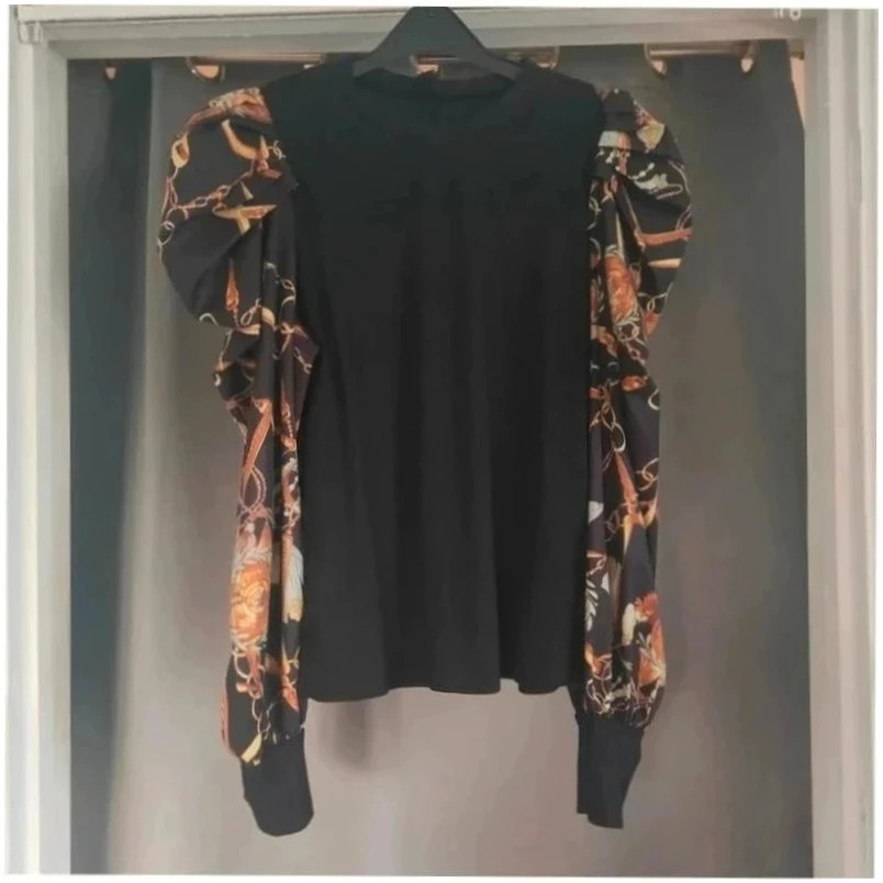 Shein Black Patterned Puff Sleeve Top XL UK 16