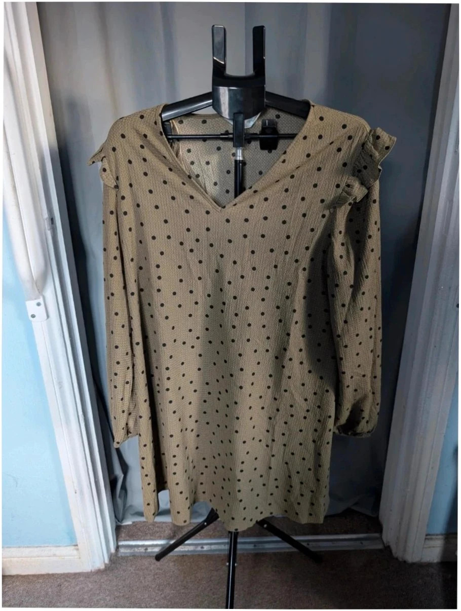 Primark Khaki Olive Green Polka Dot Ruffle Sleeve Tunic Mini Dress XL UK 18 20
