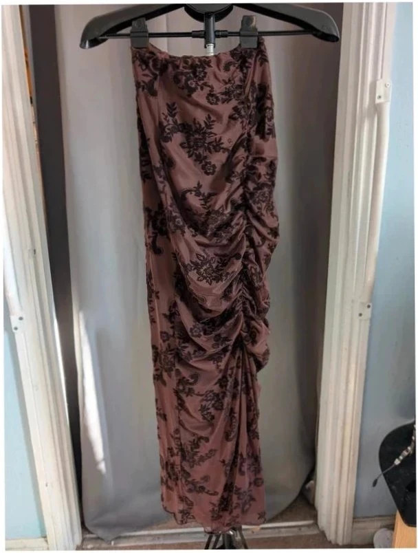 Boohoo Mauve Floral Velvet Ruched Midi Skirt NWT UK 6 XS