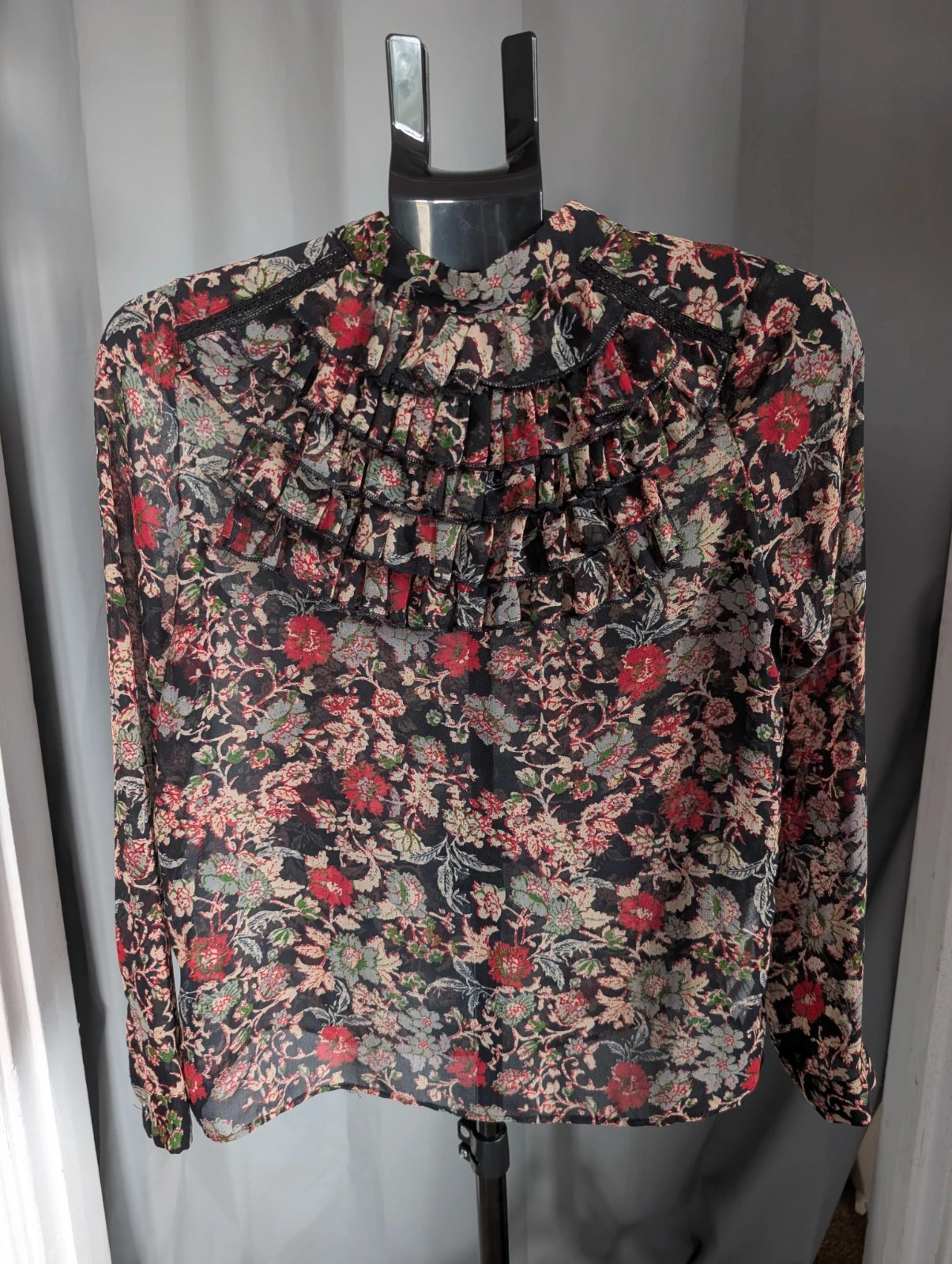 Zara Basic Floral Tiered Ruffle Bib Chiffon Blouse Small S 8 10 Whimsigoth