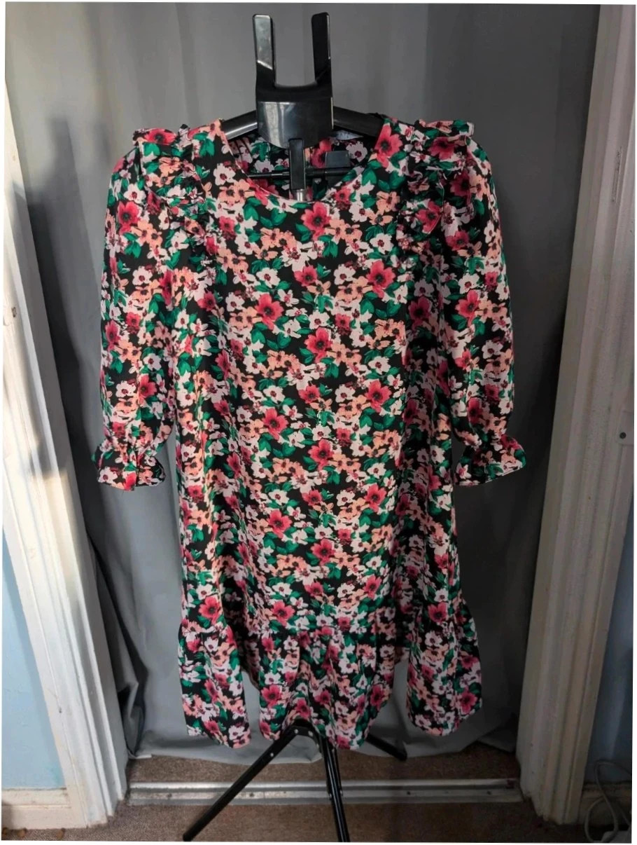 Papaya Pink Floral Ruffle Shoulder Tiered Mini Dress UK 8 XS