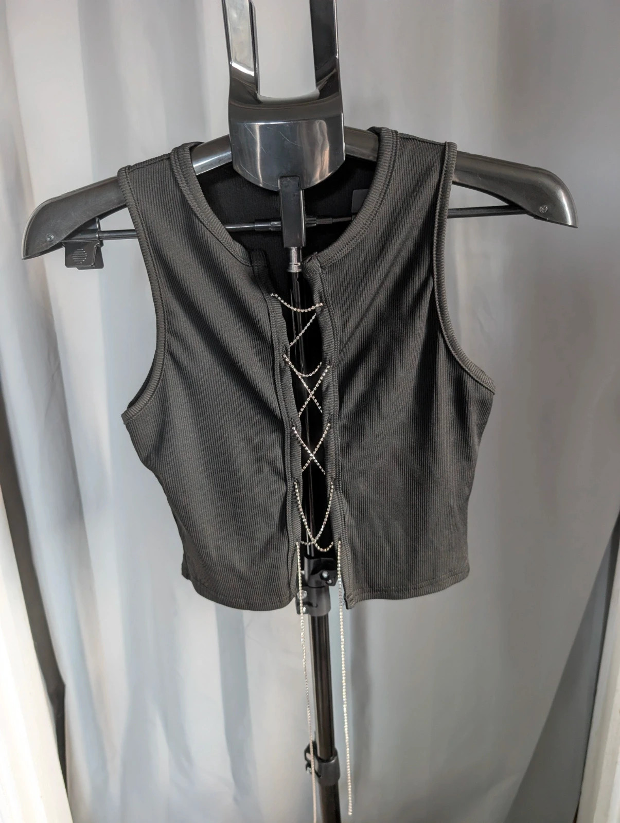 SHEIN Black Ribbed Rhinestone Lace Up Cutout Crop Top Small S 8 10 Alt
