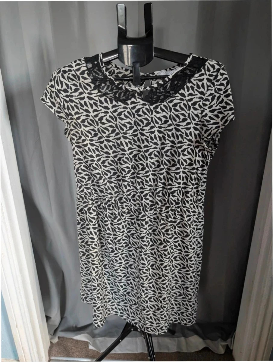 New Look Black White Bird Print Lace Collar Mini Dress UK 12