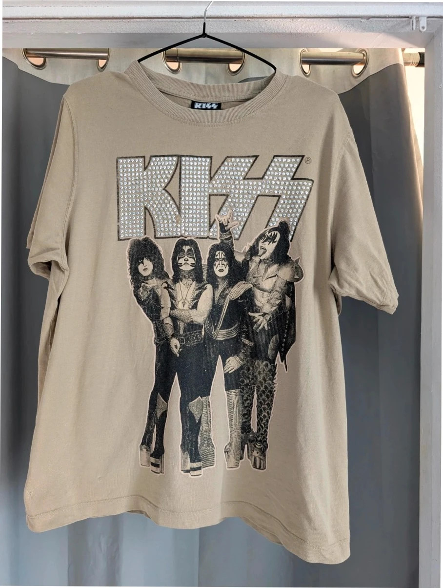 Kiss Beige Beige Rhinestone Logo Graphic Band T Shirt M UK 10 12