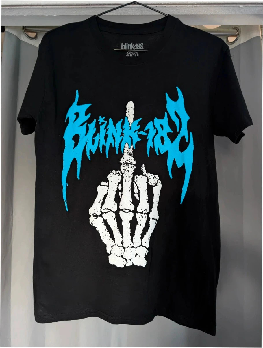 Blink 182 T Shirt Black Size S Mens Skeleton Middle Finger Graphic Tee Cotton