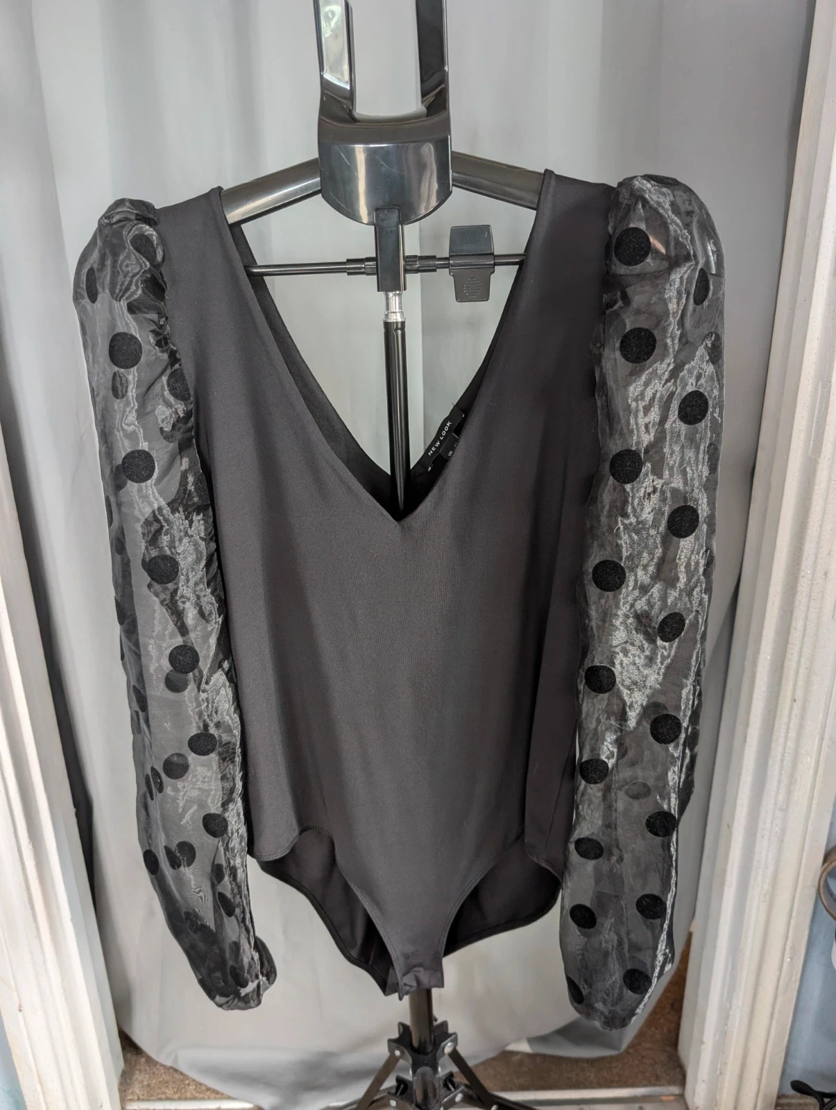 New Look Black Mesh Polka Dot Sleeve Bodysuit UK 14 Party Glam Alt