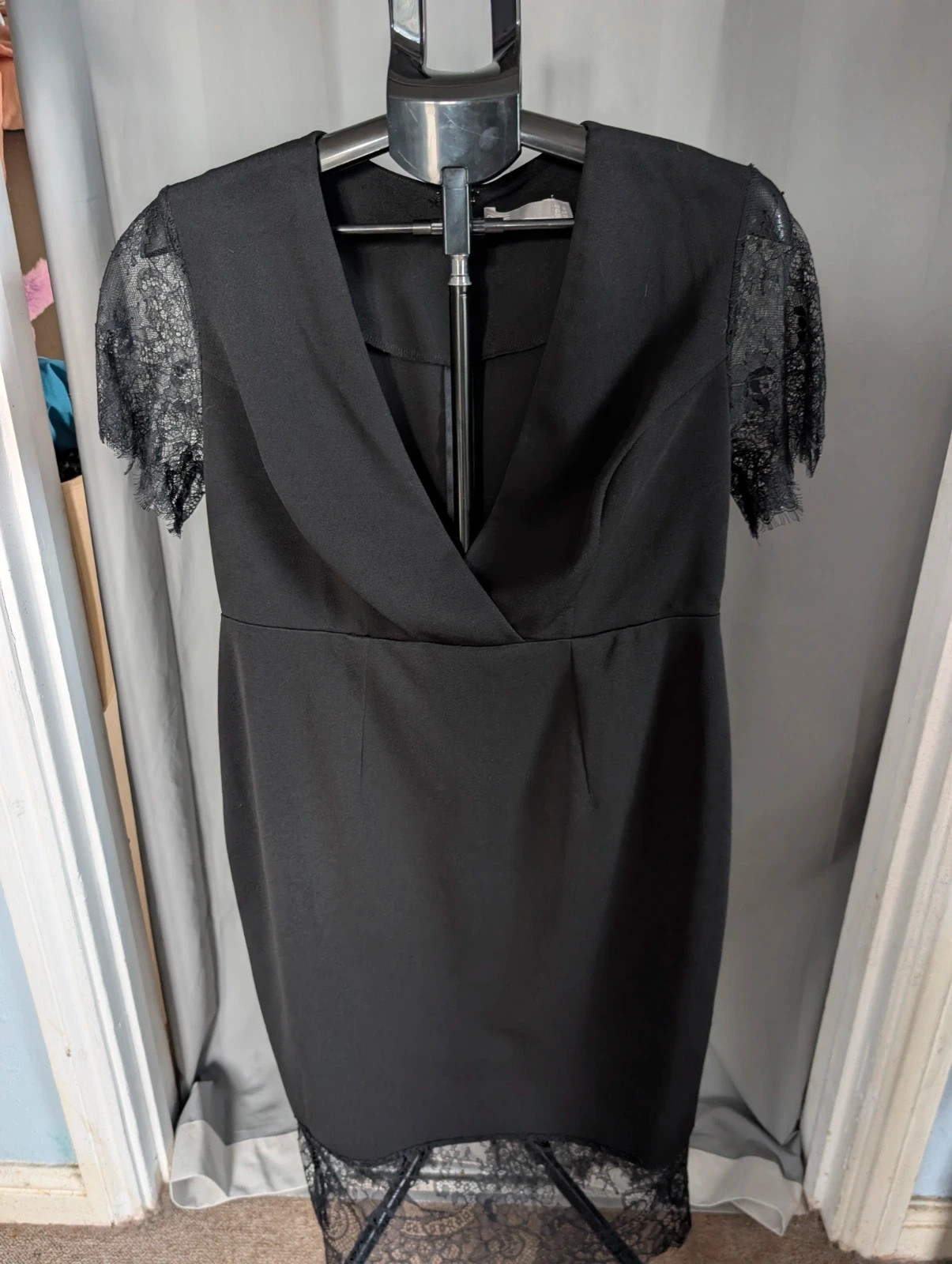 ASOS Black Plunge Neck Eyelash Lace Trim Bodycon Midi Dress Size UK 16 EU 44