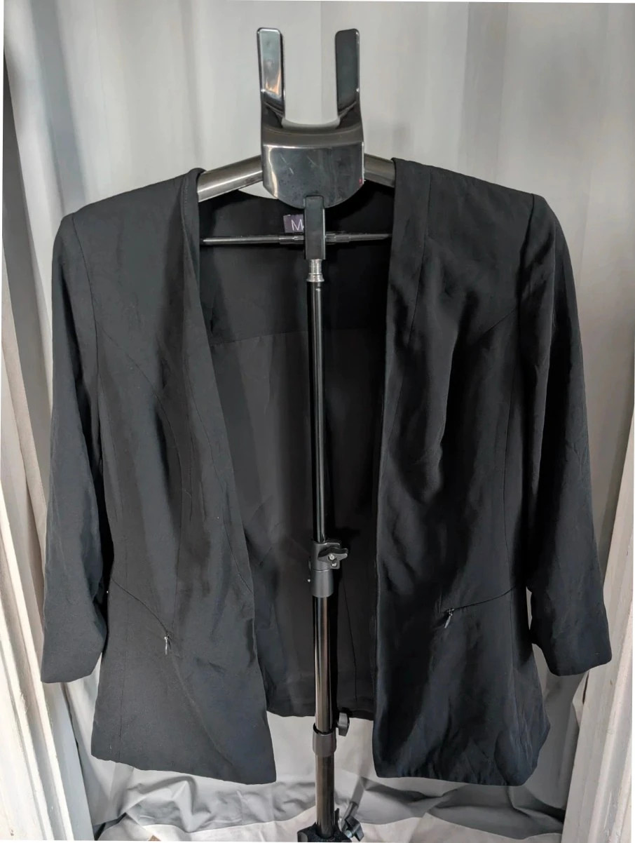 M&S Collection Black Open Front Blazer Ruched Sleeve Jacket Size UK 16