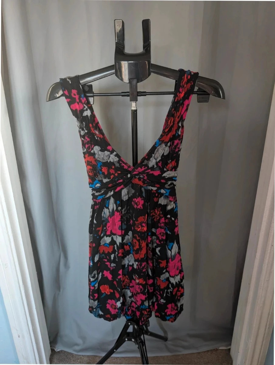 Rise Black Pink Floral V Neck Twist Front Bubble Hem Dress UK 12