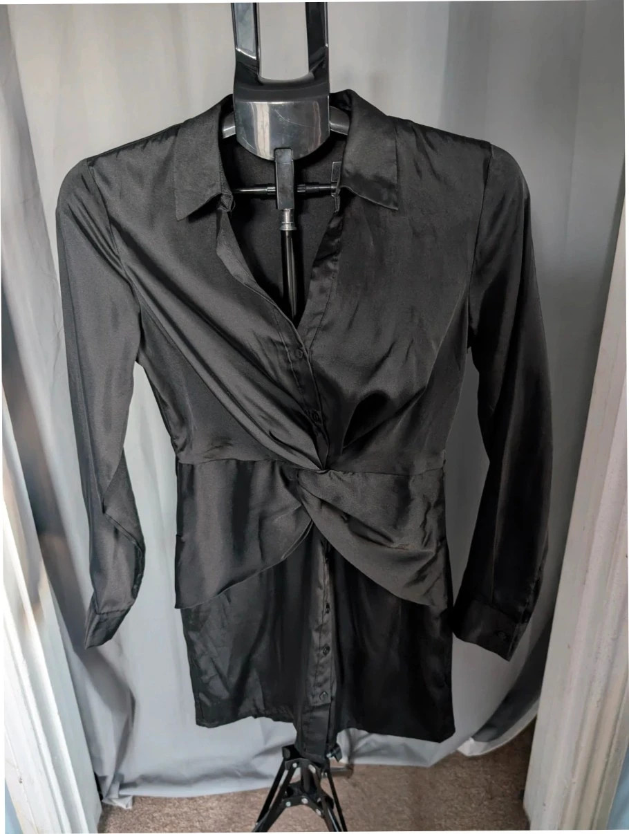 Stradivarius Black Satin Twist Front Shirt Dress Small UK 8 10