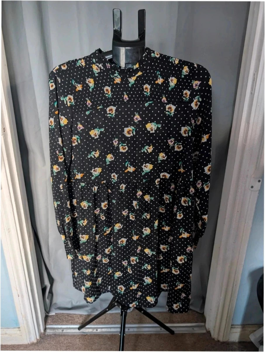 JDY Black Floral Polka Dot Smock Mini Dress UK 10 M