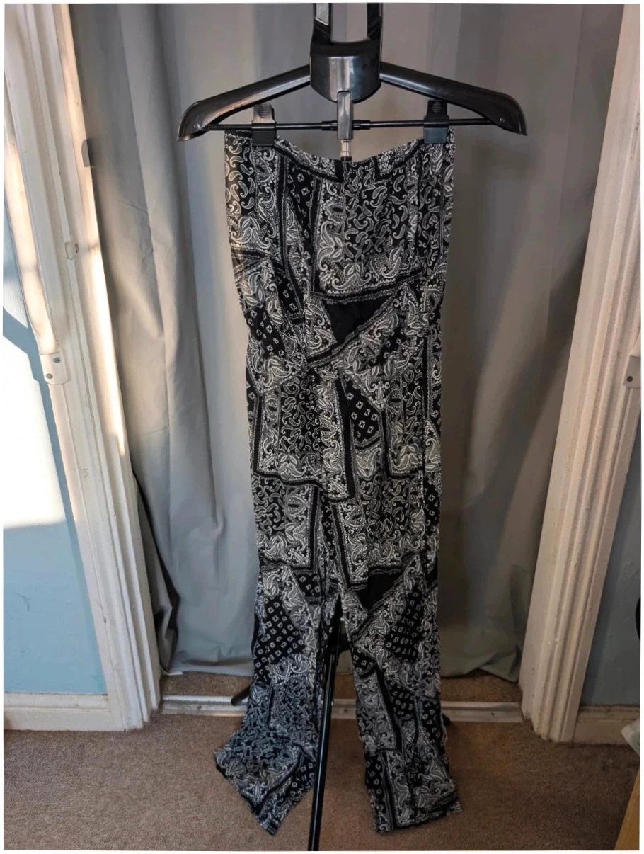 Peacocks Black White Paisley Strapless Bandeau Jumpsuit UK 10 S