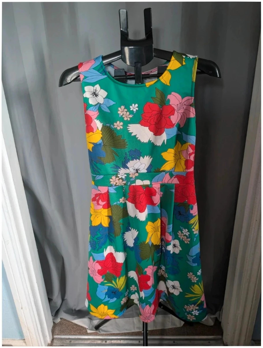 Body Flirt Green Floral Print Pleated Skater Dress S UK 10