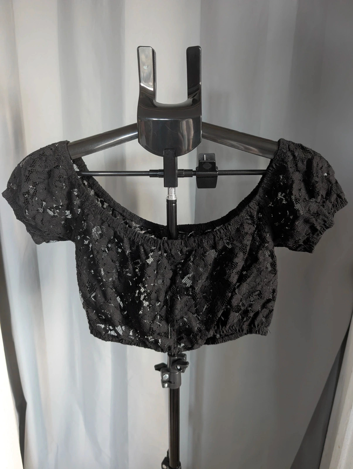 ASOS Black Sheer Floral Lace Milkmaid Bardot Crop Top UK 10 Whimsigoth