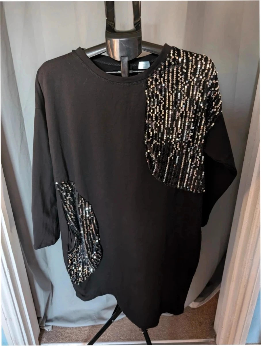 New Collection Black Sequin Panel Tunic Sweatshirt Dress M L UK 12 14