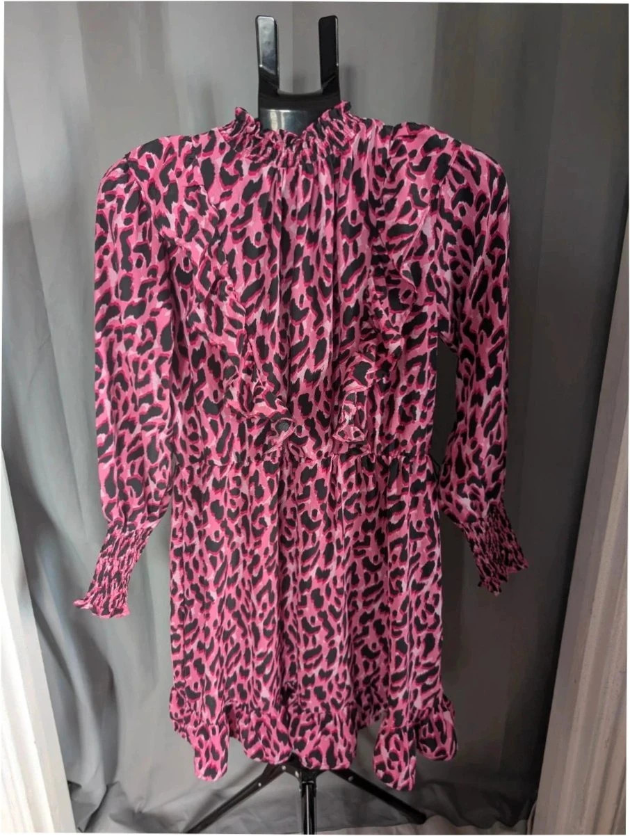 Savida Dunnes Pink Black Leopard Print Ruffle Mini Dress S UK 10