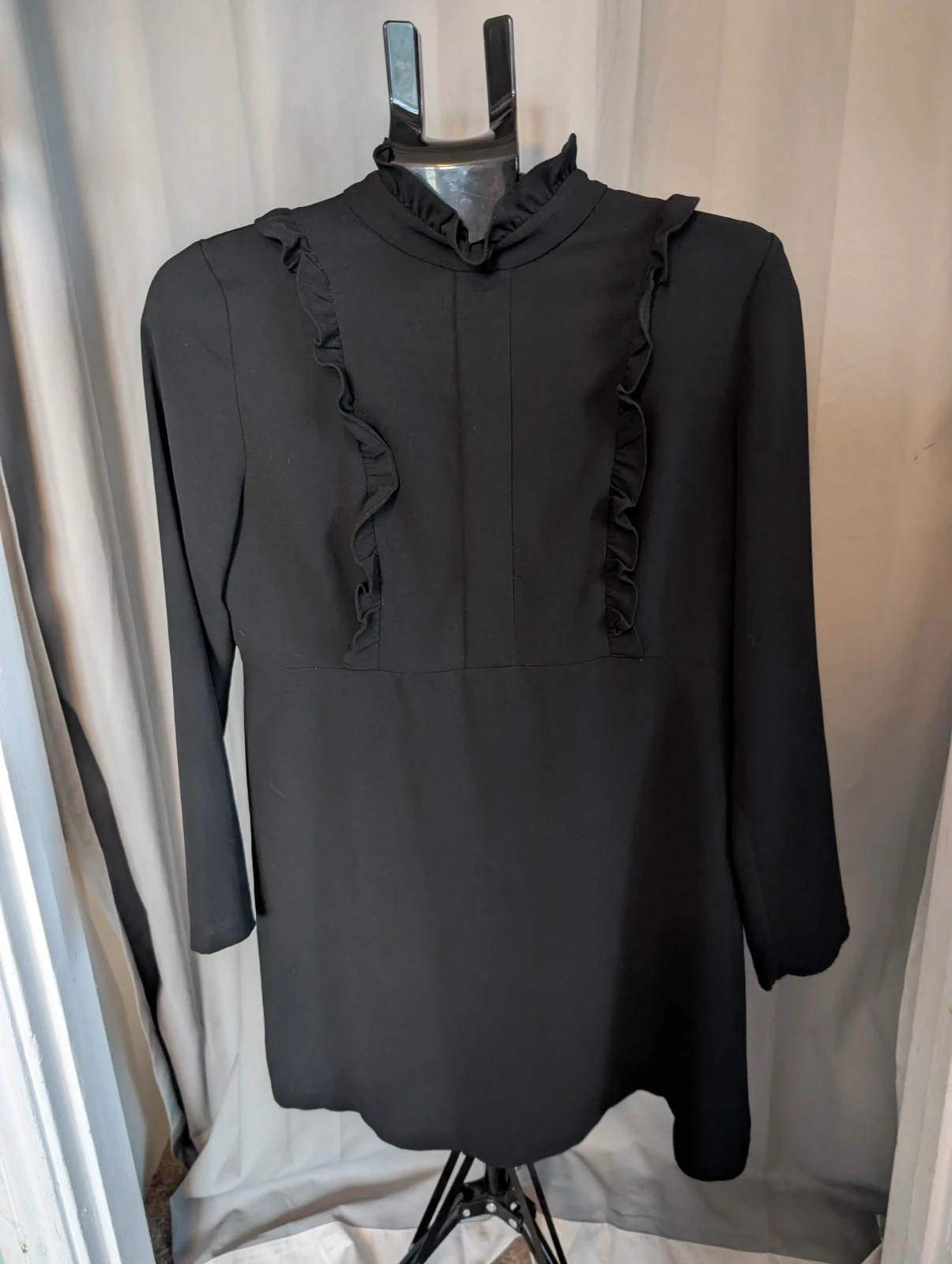 Zara Woman Black Ruffle High Neck Victorian Mini Dress Large L 12 14 Goth