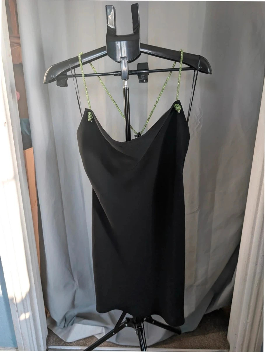 ZARA Black Cowl Neck Slip Dress Lime Green Rhinestone Straps XS