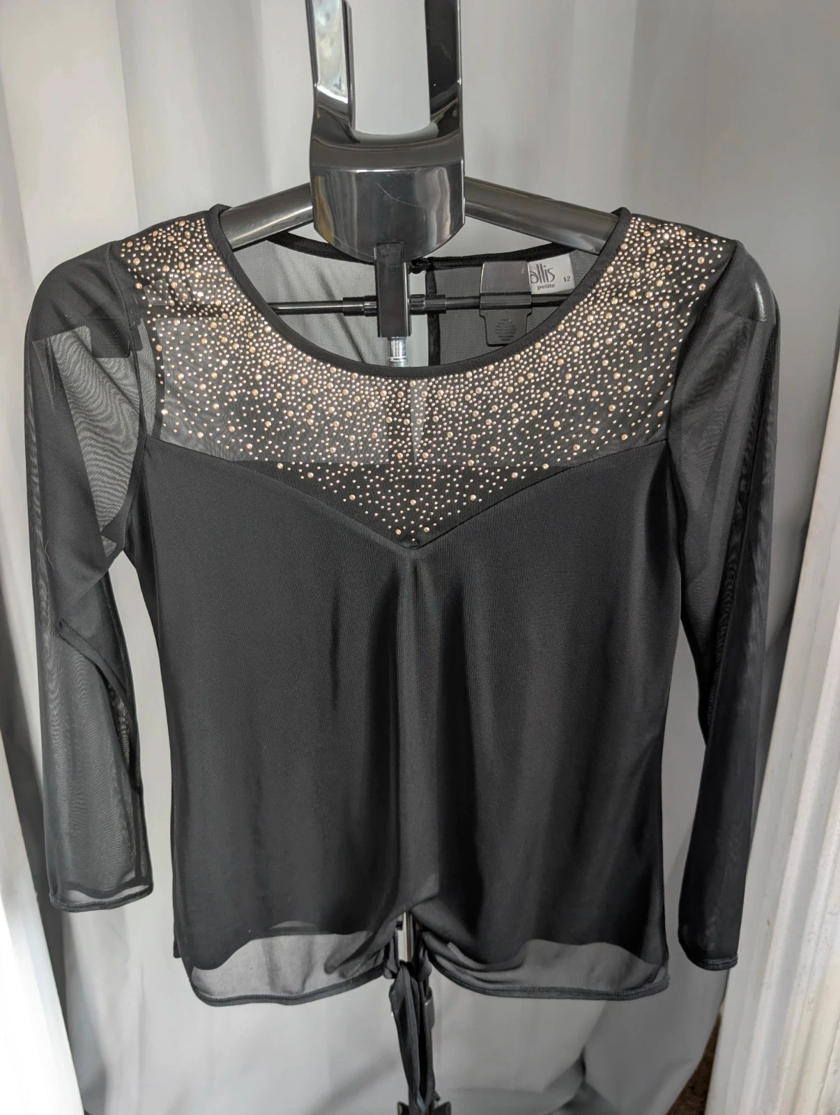 Wallis Petite Black Sheer Mesh Rhinestone Studded Blouse UK 12 Party Glam