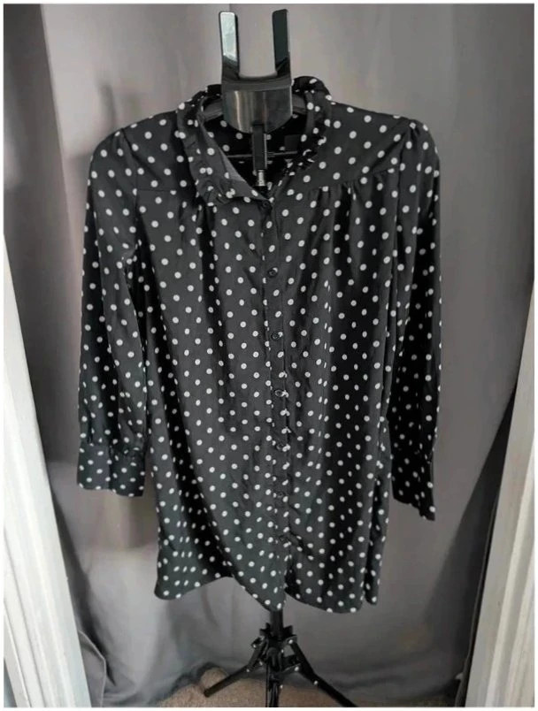 Voyelles Black White Polka Dot Button Up Ruffle Collar Blouse Small