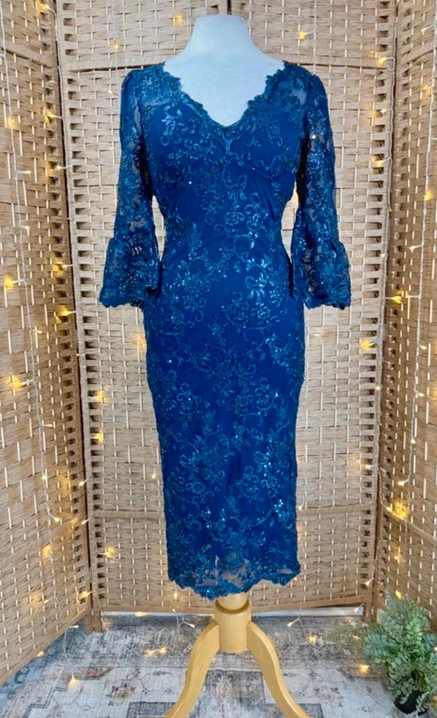 Goddiva Navy Lace & Sequin Midi Dress UK 8