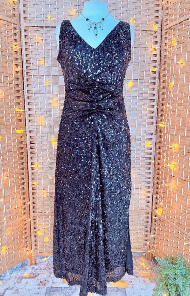 Wallis Black Sequin Ruched Midi Dress BNWT UK 10